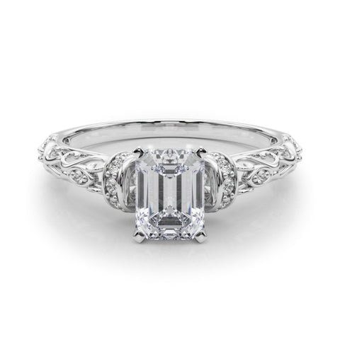 Silver Radiant Solitaire Diamond Ring with Filigree Band and Four-Prong Setting