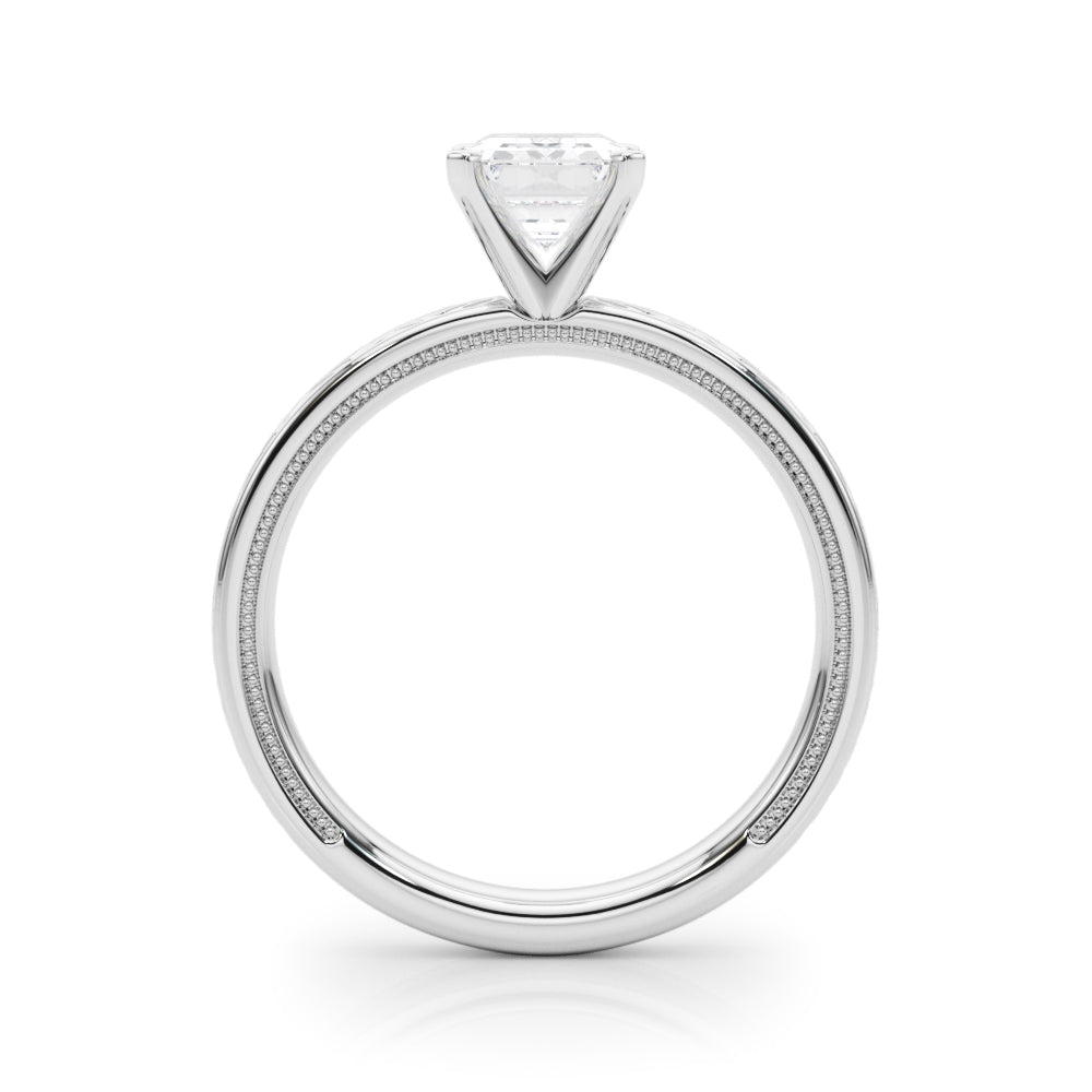 Silver Radiant Solitaire Diamond Ring with Milgrain and Black Enamel X Pattern Band 1