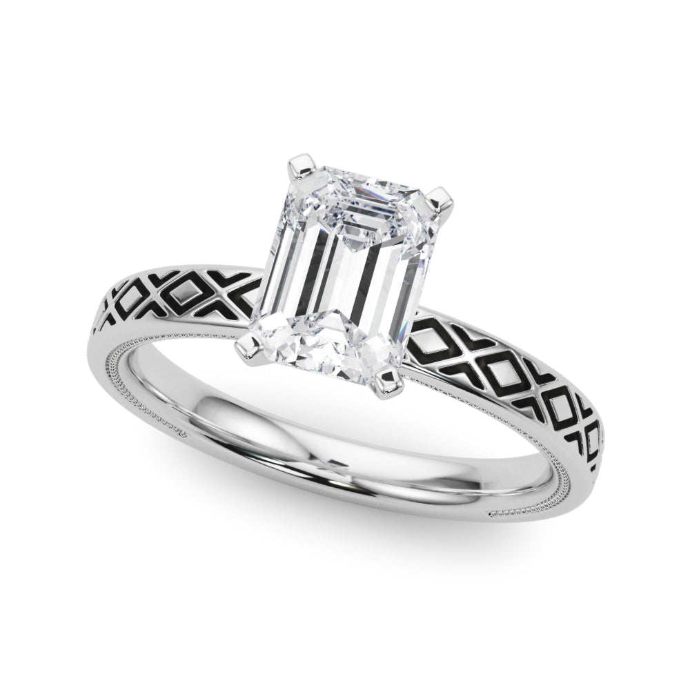 Silver Radiant Solitaire Diamond Ring with Milgrain and Black Enamel X Pattern Band 2