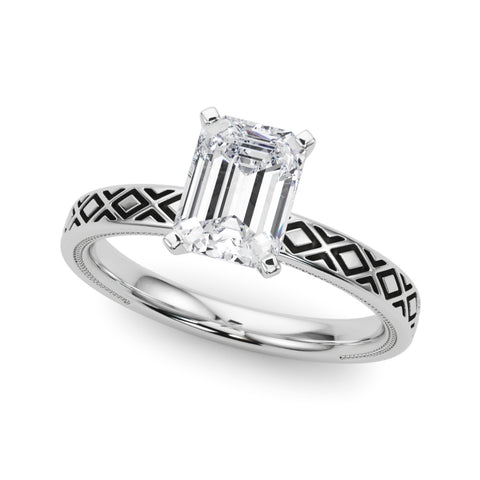 Silver Radiant Solitaire Diamond Ring with Milgrain and Black Enamel X Pattern Band 2