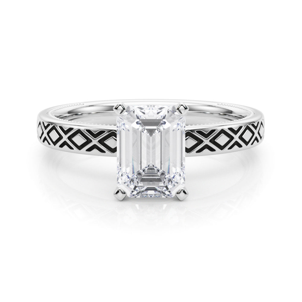 Silver Radiant Solitaire Diamond Ring with Milgrain and Black Enamel X Pattern Band