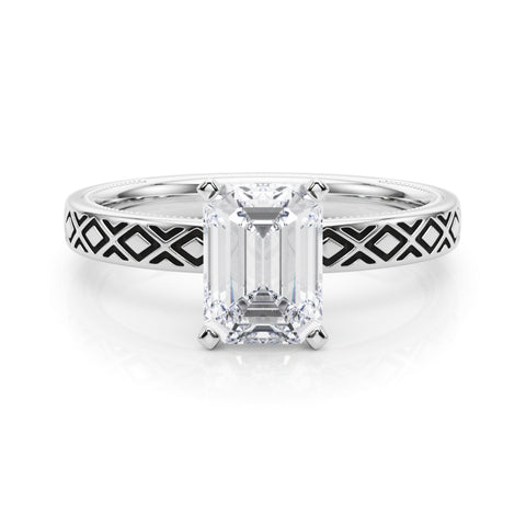 Silver Radiant Solitaire Diamond Ring with Milgrain and Black Enamel X Pattern Band