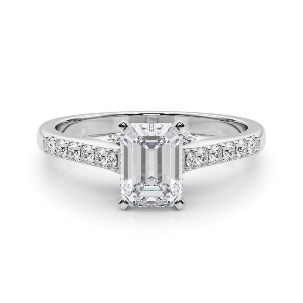 Silver Radiant Solitaire Diamond Ring with Pavé Band and Four-Prong Setting