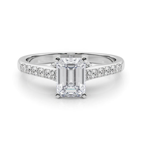 Silver Radiant Solitaire Diamond Ring with Pavé Band and Four-Prong Setting