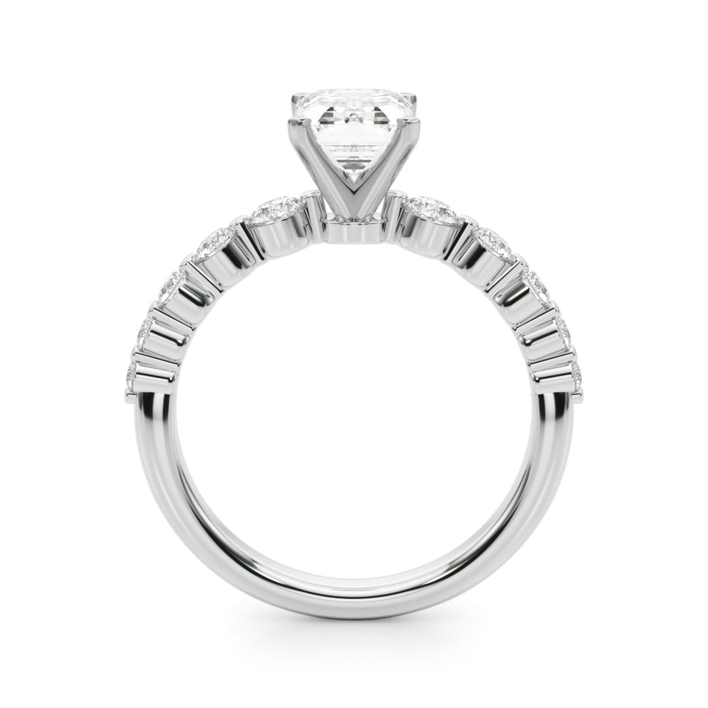 Silver Radiant Solitaire Diamond Ring with Pave Band and Four-Prong Setting 1