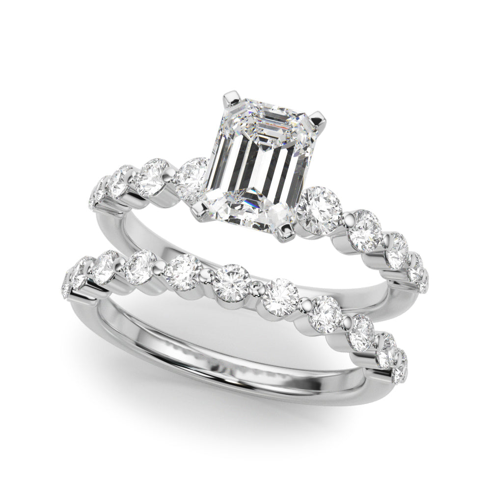 Silver Radiant Solitaire Diamond Ring with Pave Band and Four-Prong Setting