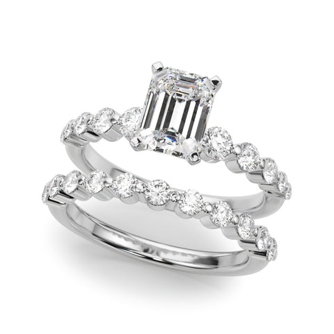 Silver Radiant Solitaire Diamond Ring with Pave Band and Four-Prong Setting
