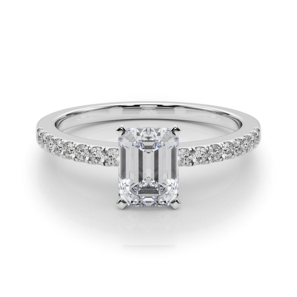 Silver Radiant Solitaire Diamond with Pavé Band and Four-Prong Setting