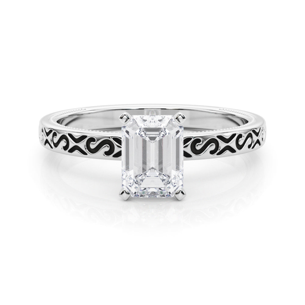 Silver Radiant Solitaire Engagement Ring with Scrollwork Band and Four-Prong Setting