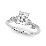Silver Radiant Solitaire Leaf-Inspired Diamond Ring with Pavé Band and Four-Prong Setting 2