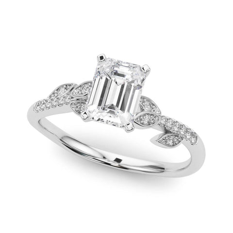 Silver Radiant Solitaire Leaf-Inspired Diamond Ring with Pavé Band and Four-Prong Setting 2