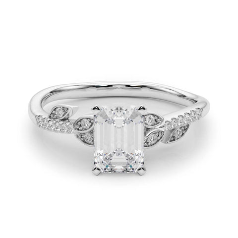Silver Radiant Solitaire Leaf-Inspired Diamond Ring with Pavé Band and Four-Prong Setting