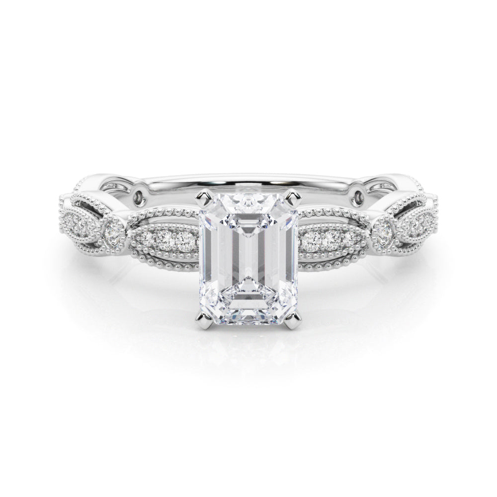 Silver Radiant Solitaire Milgrain Diamond Engagement Ring with Bezel and Marquise Band
