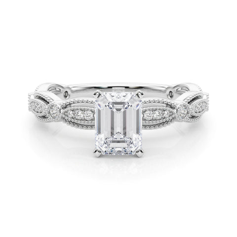 Silver Radiant Solitaire Milgrain Diamond Engagement Ring with Bezel and Marquise Band