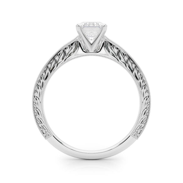 White gold Radiant Solitaire Milgrain Engraved Band with Four-Prong Setting