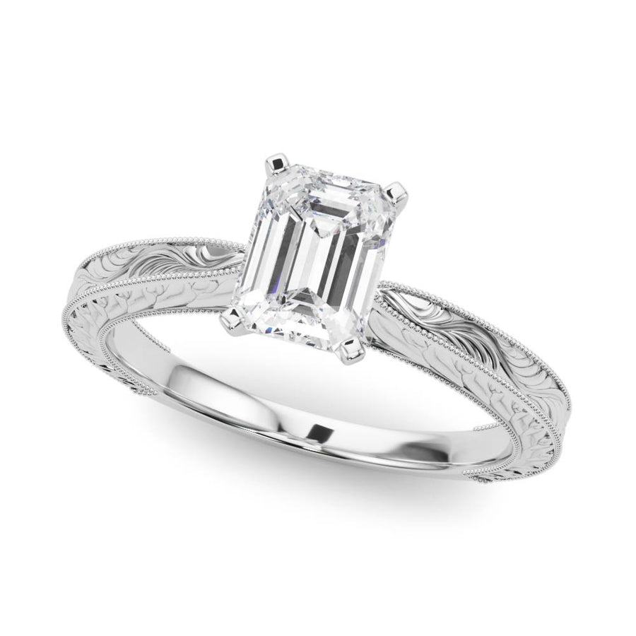 White gold Radiant Solitaire Milgrain Engraved Band with Four-Prong Setting