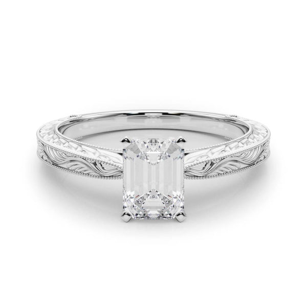White gold Radiant Solitaire Milgrain Engraved Band with Four-Prong Setting