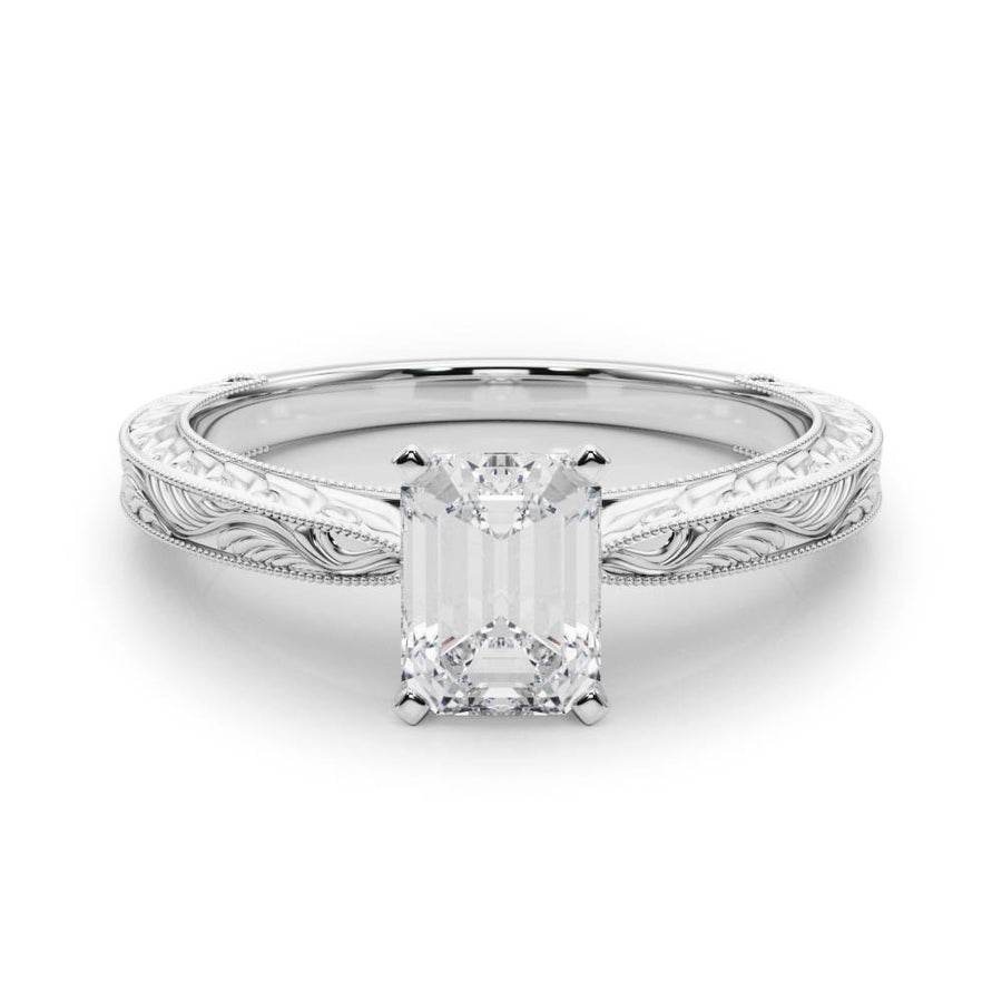 White gold Radiant Solitaire Milgrain Engraved Band with Four-Prong Setting