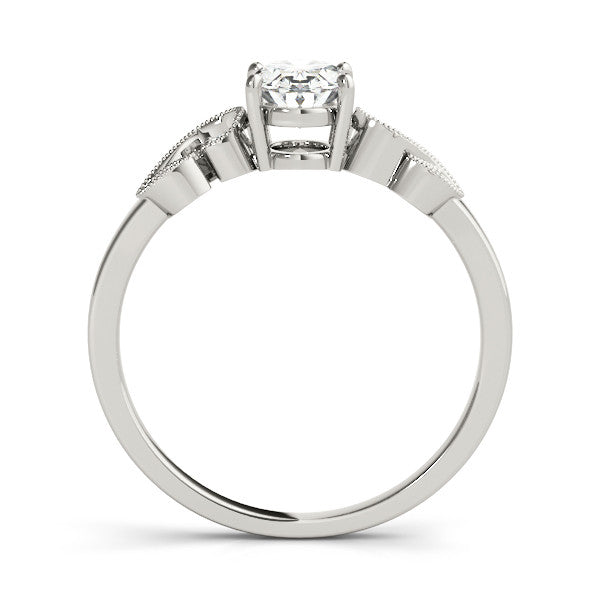 White gold Radiant Solitaire Milgrain Leaf Band with Prong Setting