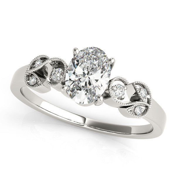 White gold Radiant Solitaire Milgrain Leaf Band with Prong Setting