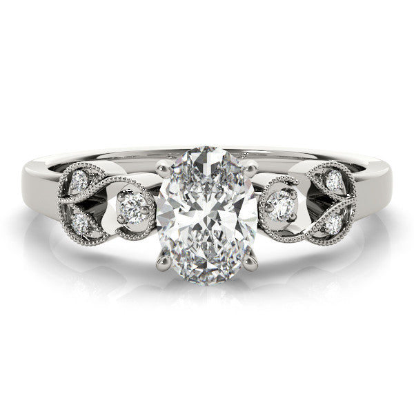 White gold Radiant Solitaire Milgrain Leaf Band with Prong Setting