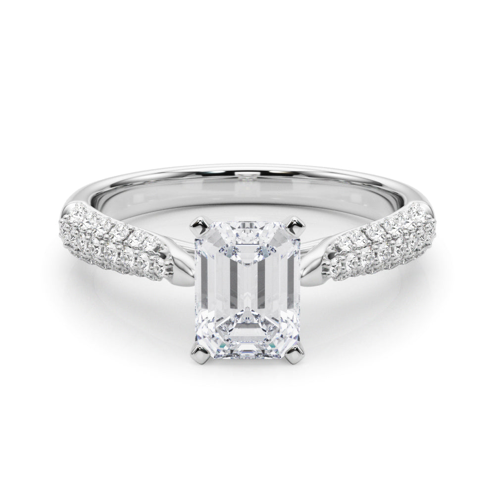 Silver Radiant Solitaire Pavé Diamond Engagement Ring with Four-Prong Setting