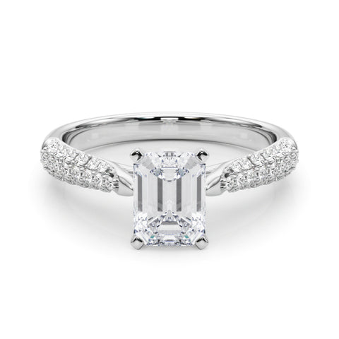 Silver Radiant Solitaire Pavé Diamond Engagement Ring with Four-Prong Setting