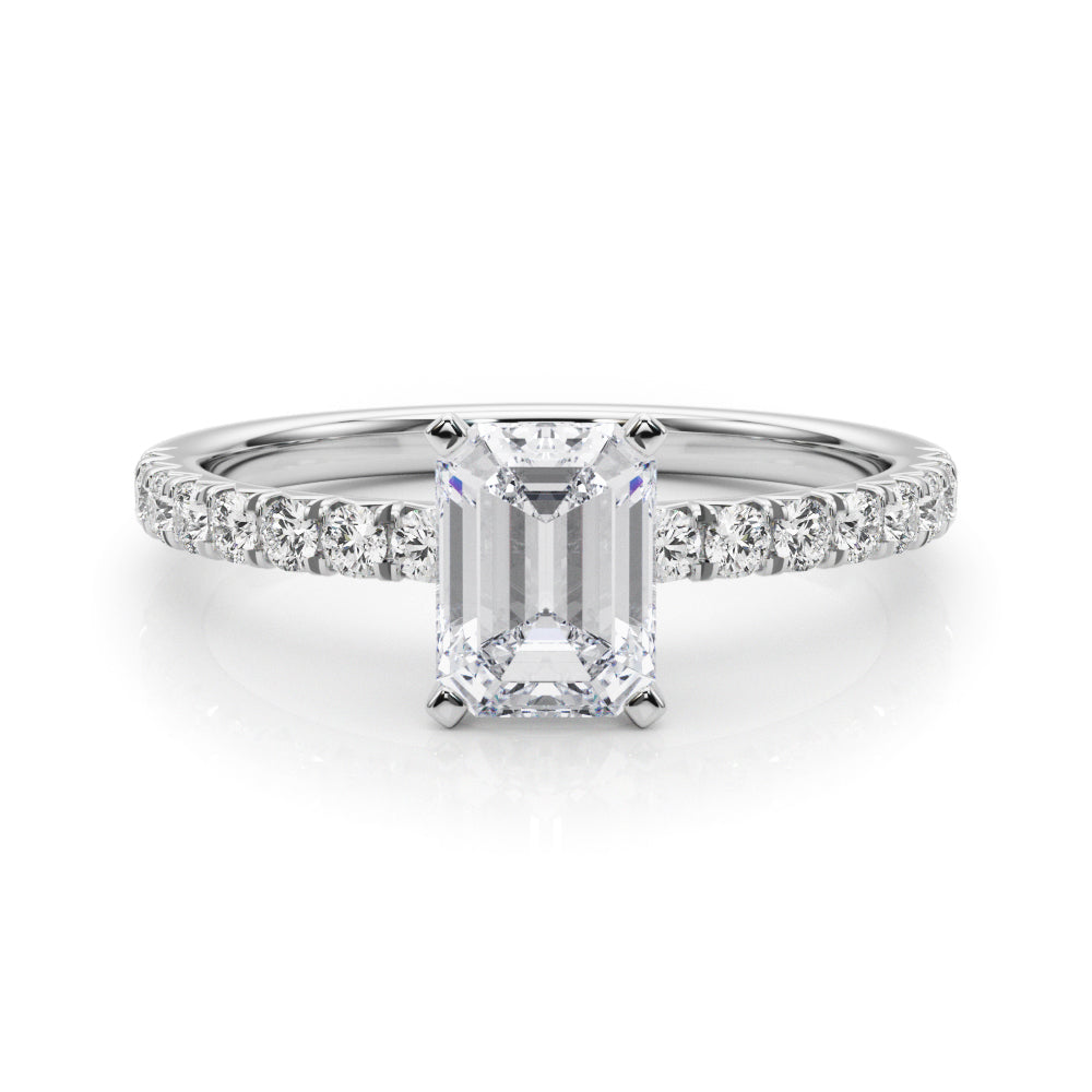 Silver Radiant Solitaire Pave Diamond Engagement Ring with Four-Prong Setting