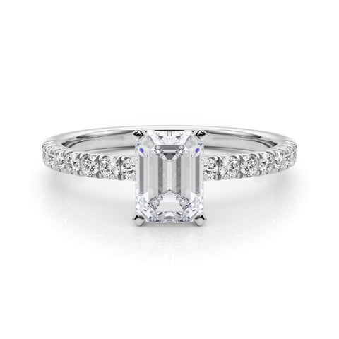 Silver Radiant Solitaire Pave Diamond Engagement Ring with Four-Prong Setting