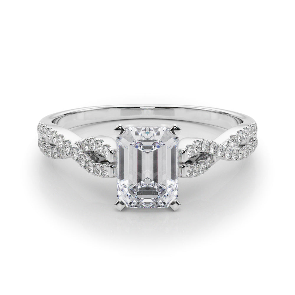Silver Radiant Solitaire Twisted Pave Diamond Engagement Ring with Four-Prong Setting