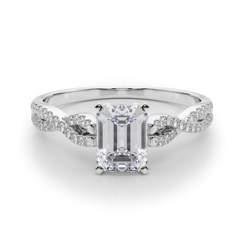 Silver Radiant Solitaire Twisted Pave Diamond Engagement Ring with Four-Prong Setting