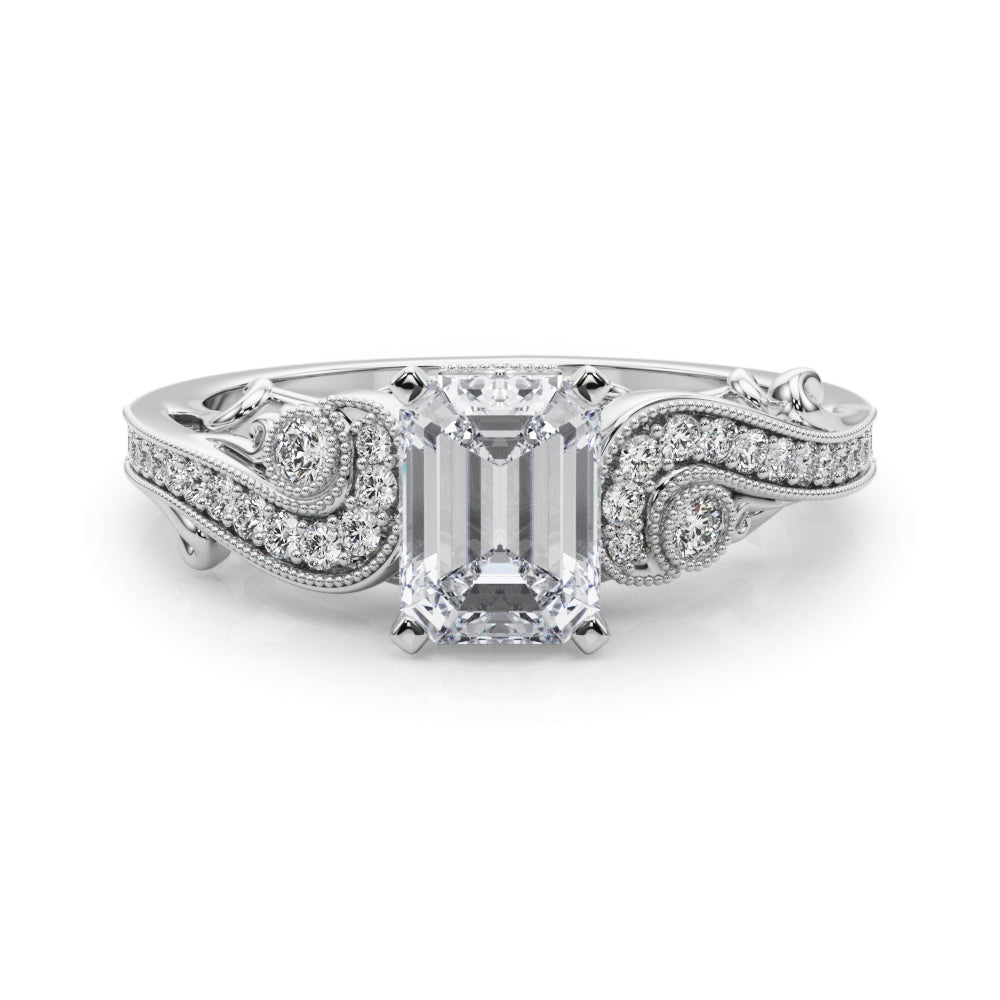 Silver Radiant Solitaire with Milgrain Pave Band and Four-Prong Setting