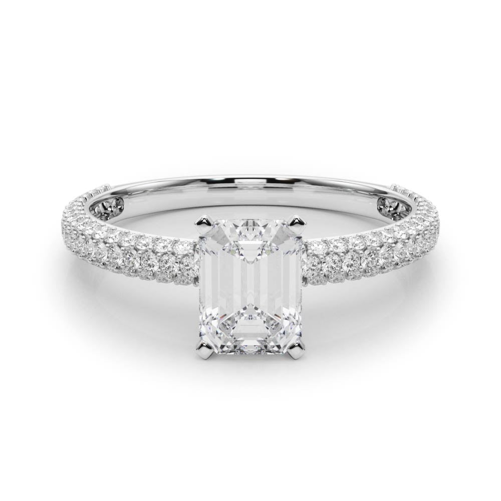 Silver Radiant Solitaire with Pave Band and Four-Prong Setting