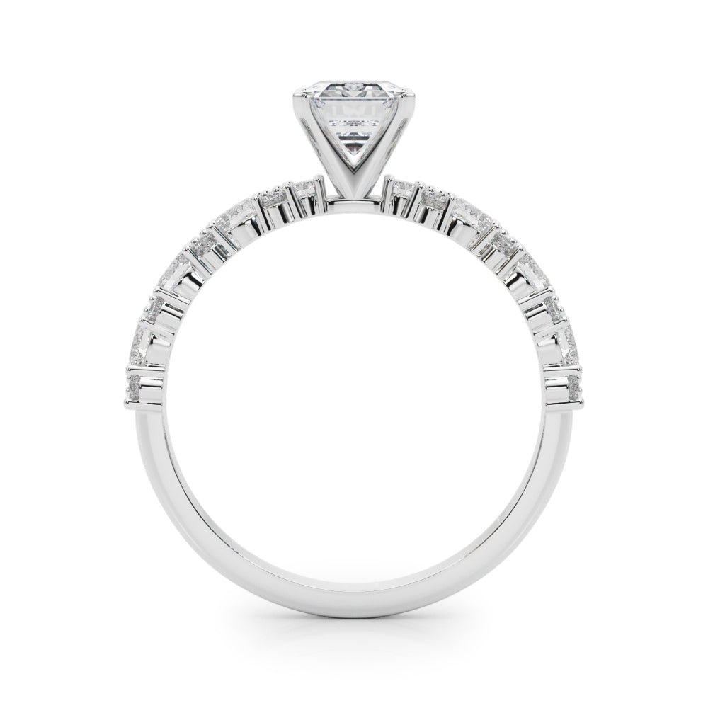 Silver Radiant Solitaire with Side Stones, Pave Band, Four-Prong Setting 1