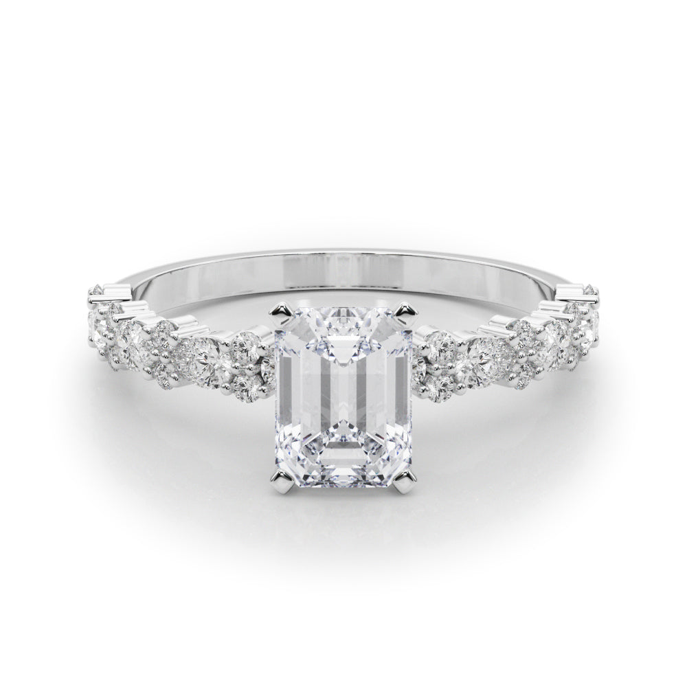 Silver Radiant Solitaire with Side Stones, Pave Band, Four-Prong Setting