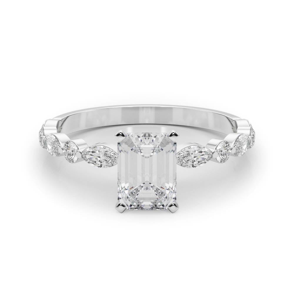 Silver Radiant Solitaire with Side Stones on a Pavé Band and Four-Prong Setting