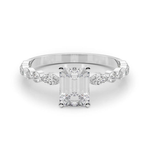 Silver Radiant Solitaire with Side Stones on a Pavé Band and Four-Prong Setting