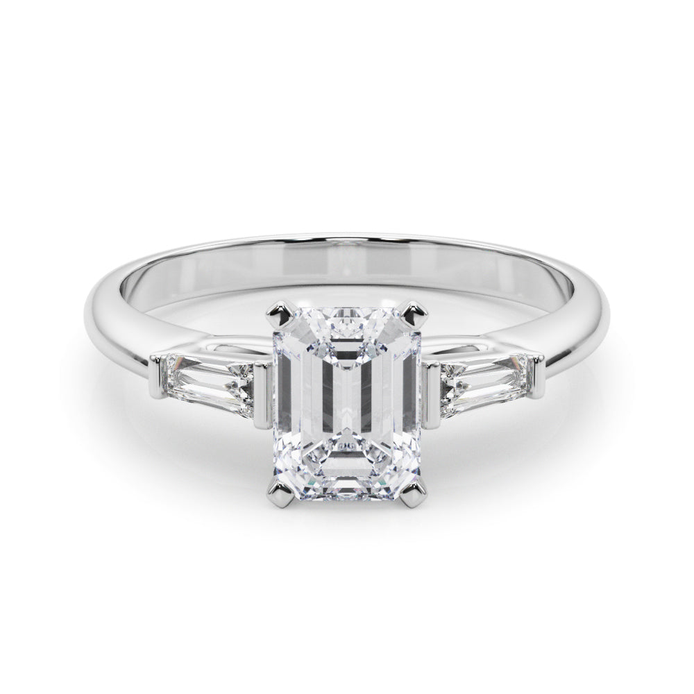 Silver Radiant Solitaire with Tapered Baguette Side Stones on a Classic Band with Four-Prong Setting