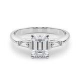 18K White Gold 3.04 Carat F VVS2 Radiant Solitaire with Tapered Baguette Side Stones on a Classic Band with Four-Prong Setting