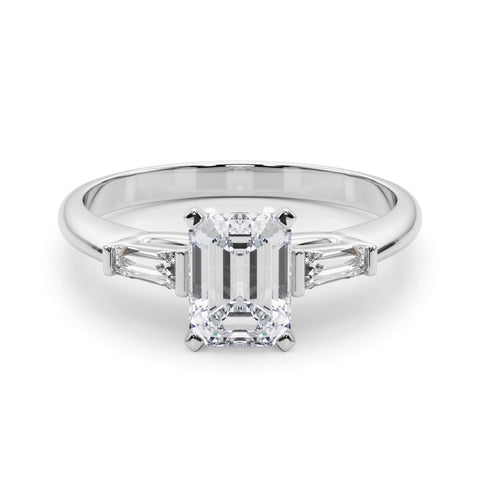 Silver Radiant Solitaire with Tapered Baguette Side Stones on a Classic Band with Four-Prong Setting