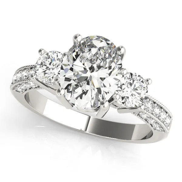 Silver Radiant Three-Stone Diamond Ring with Pavé Band and Four-Prong Setting