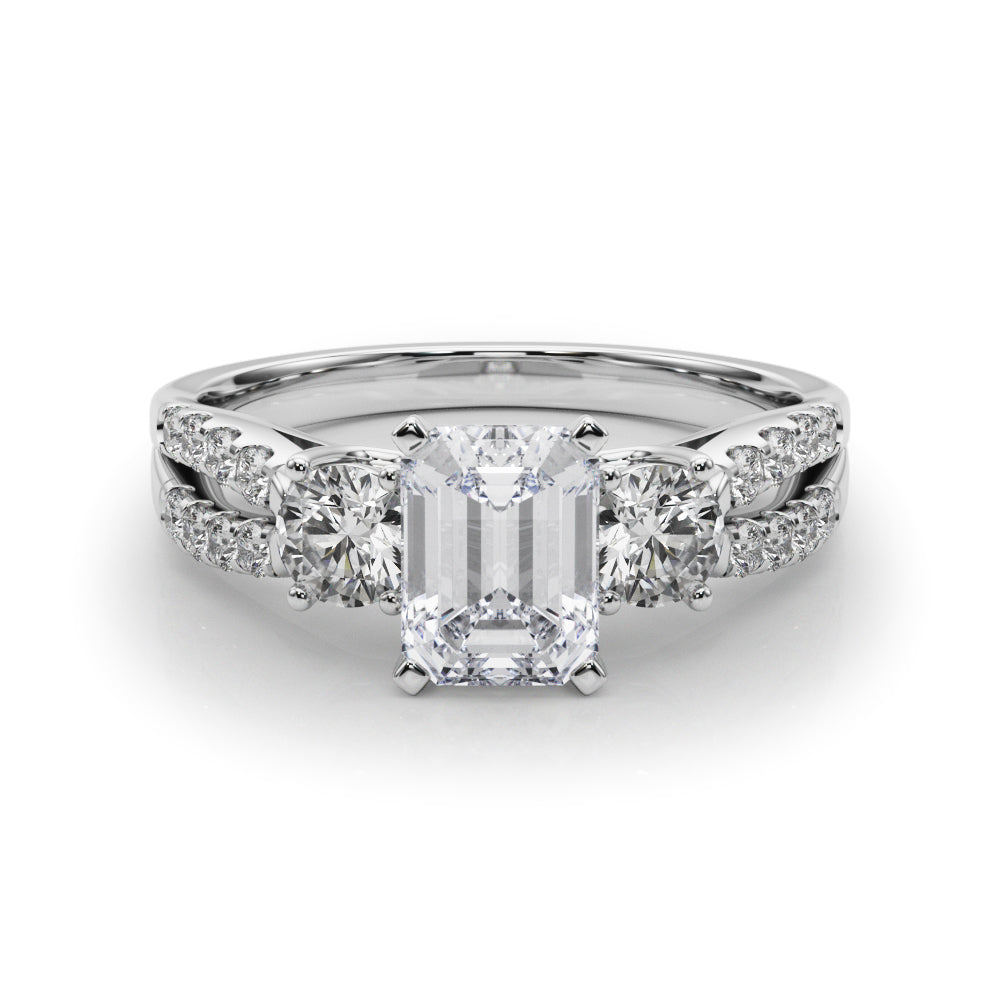 Silver Radiant Three-Stone Diamond Ring with Pavé Split Shank and Four-Prong Setting
