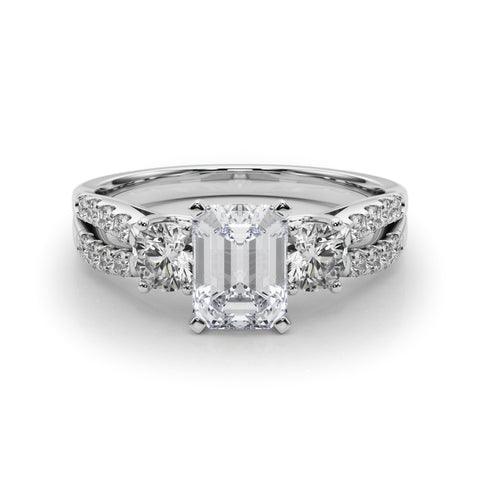 Silver Radiant Three-Stone Diamond Ring with Pavé Split Shank and Four-Prong Setting