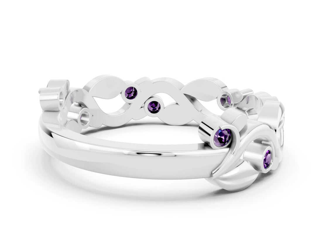 Silver Round Amethyst Leaf Eternity Band with Bezel Setting