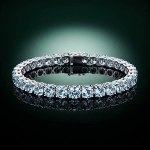 Silver Round Brilliant Aquamarine Tennis Bracelet with Prong Setting