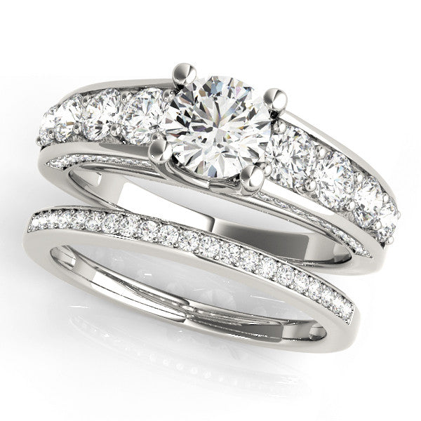 Silver Round Brilliant Channel-Set Diamond Engagement Ring with Split Shank and Four-Prong Setting