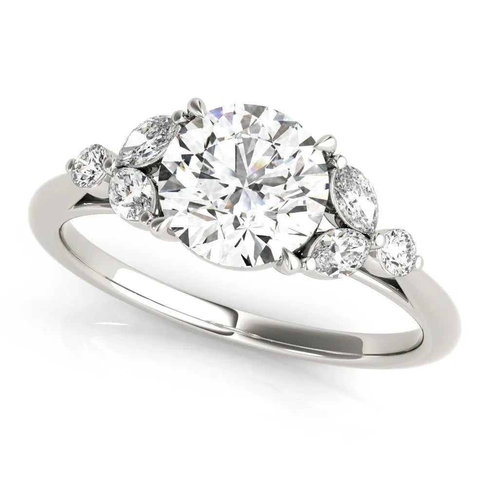 Silver Round Brilliant Cluster Diamond Ring with Marquise and Round Cut Stones on a Classic Band with Four-Prong Setting