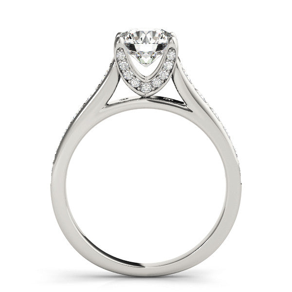 Silver Round Brilliant Cut Diamond Engagement Ring with Pavé Band and Four-Prong Setting 1