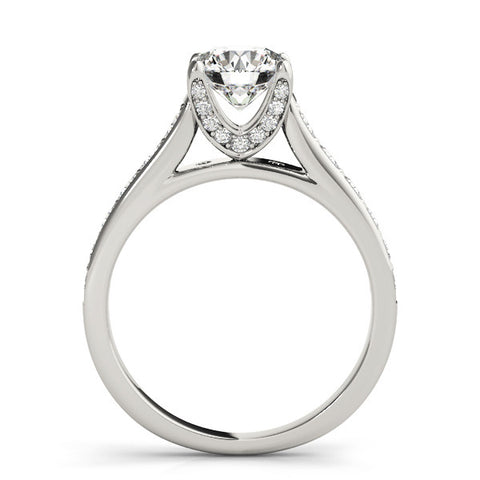 Silver Round Brilliant Cut Diamond Engagement Ring with Pavé Band and Four-Prong Setting 1