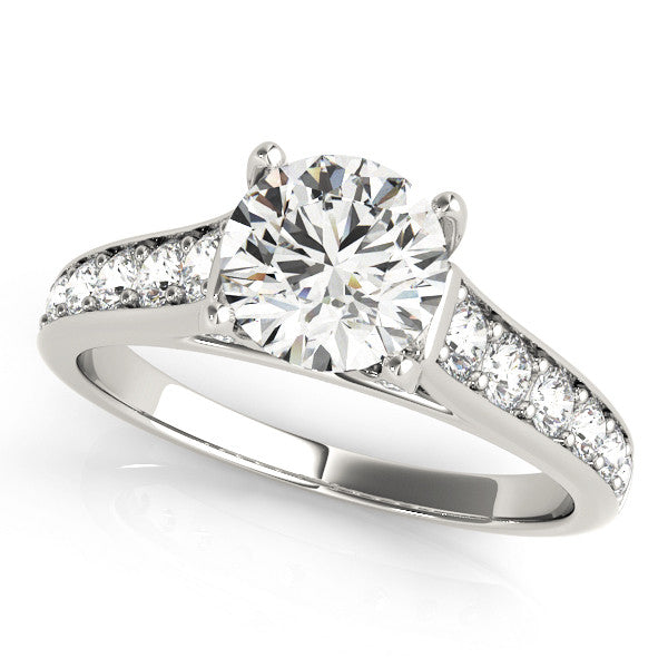 Silver Round Brilliant Cut Diamond Engagement Ring with Pavé Band and Four-Prong Setting 2